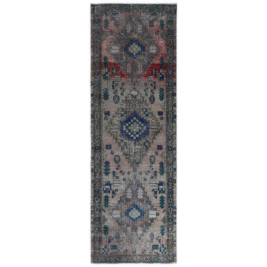 Overdyed & Vintage Worn Wool Hand Knotted Rug Brown Brown 3.8X11.2 -O061012