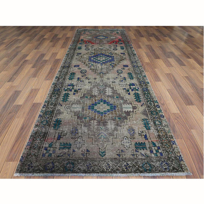 Overdyed & Vintage Worn Wool Hand Knotted Rug Brown Brown 3.8X11.2 -O061012