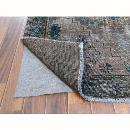 Overdyed & Vintage Worn Wool Hand Knotted Rug Brown Brown 3.8X11.2 -O061012