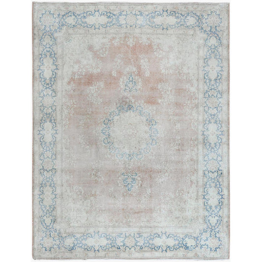 Overdyed & Vintage Worn Wool Hand Knotted Rug Brown Blue 9.8X12.7 -O061404