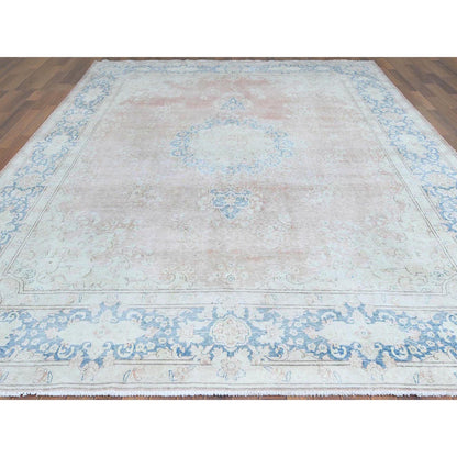 Overdyed & Vintage Worn Wool Hand Knotted Rug Brown Blue 9.8X12.7 -O061404