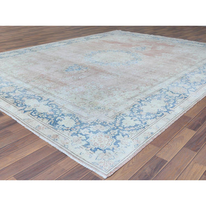 Overdyed & Vintage Worn Wool Hand Knotted Rug Brown Blue 9.8X12.7 -O061404