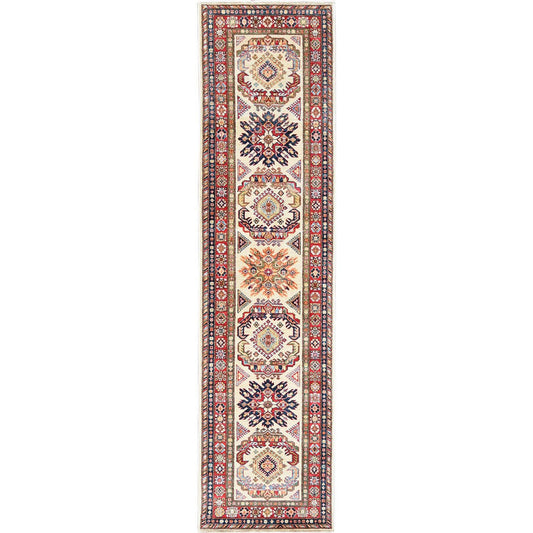 Kazak Wool Hand Knotted Rug Ivory Red 2.7X10.0 -O061450