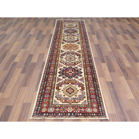 Kazak Wool Hand Knotted Rug Ivory Red 2.7X10.0 -O061450