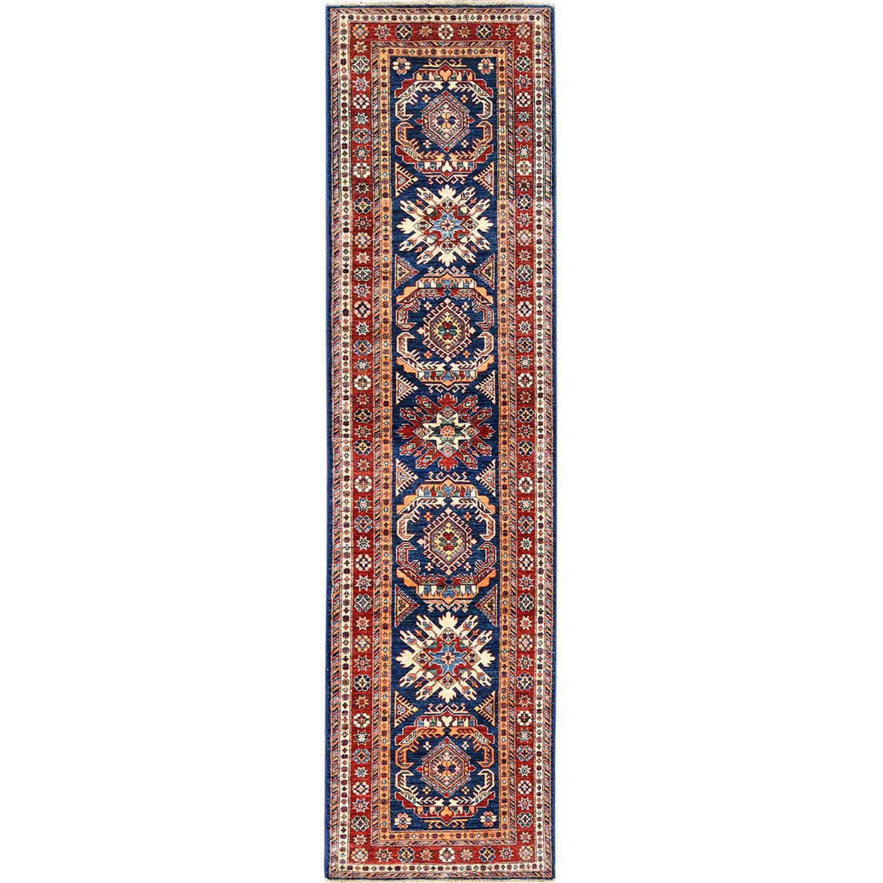 Blue 2'10" x 11'0" Kazak Hand knotted Wool Rug - Sku: O061452