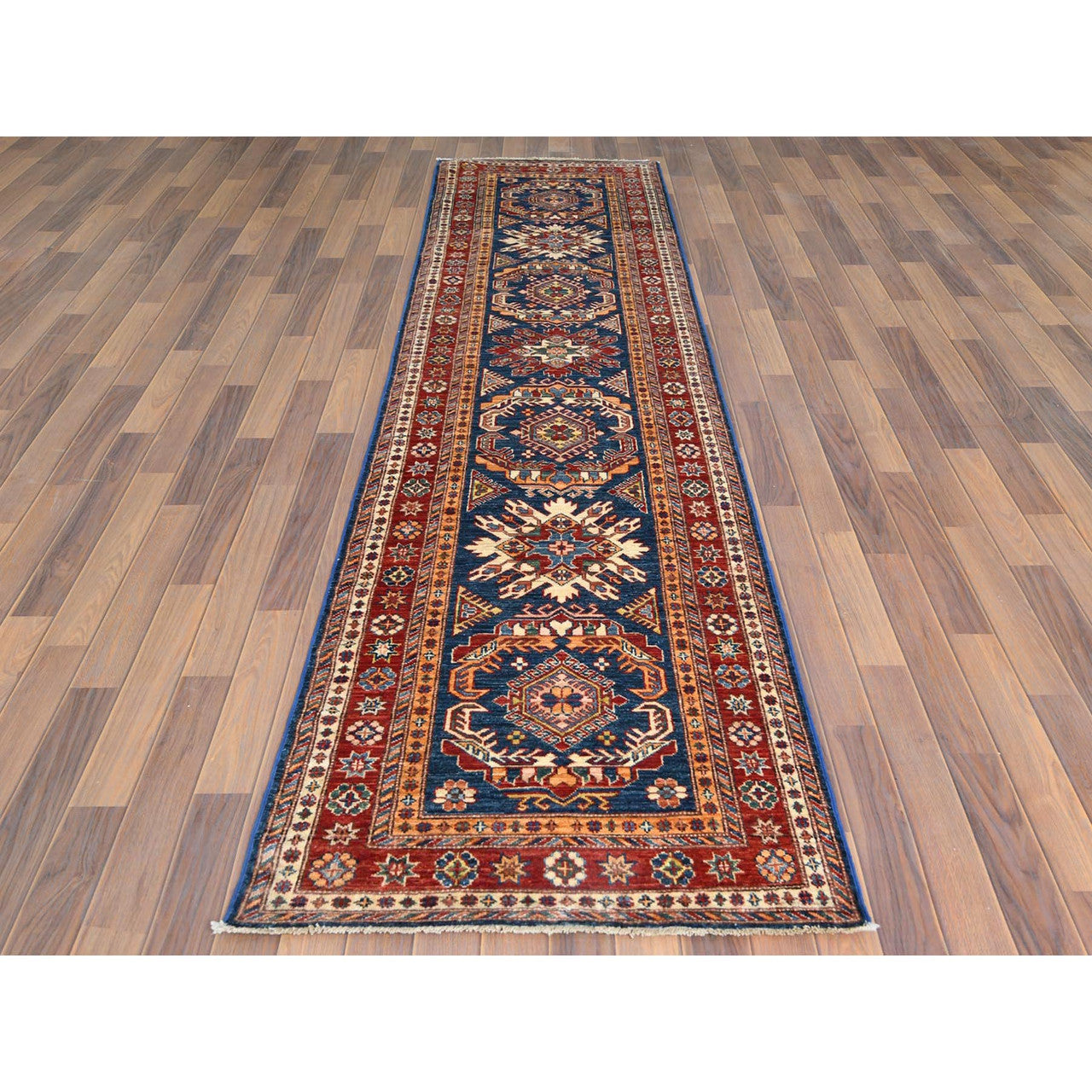 Blue 2'10" x 11'0" Kazak Hand knotted Wool Rug - Sku: O061452