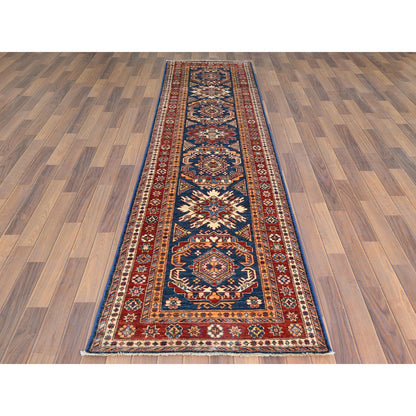 Kazak Wool Hand Knotted Rug Blue Red 2.10X11.0 -O061452