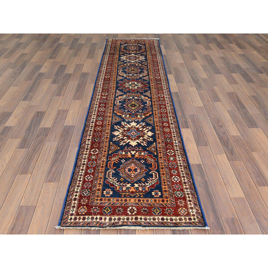 Kazak Wool Hand Knotted Rug Blue Red 2.6X11.0 -O061456
