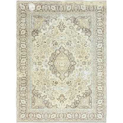 Overdyed & Vintage Worn Wool Hand Knotted Rug Ivory Brown 7.7X10.1 -O061503
