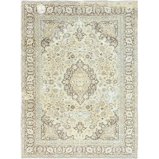 Overdyed & Vintage Worn Wool Hand Knotted Rug Ivory Brown 7.7X10.1 -O061503
