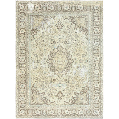 Overdyed & Vintage Worn Wool Hand Knotted Rug Ivory Brown 7.7X10.1 -O061503