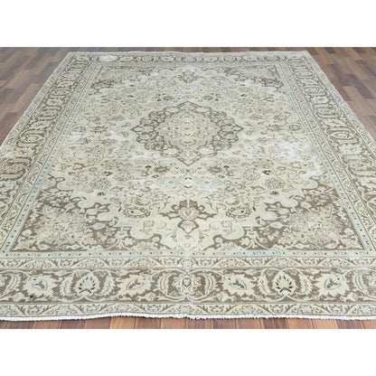 Overdyed & Vintage Worn Wool Hand Knotted Rug Ivory Brown 7.7X10.1 -O061503