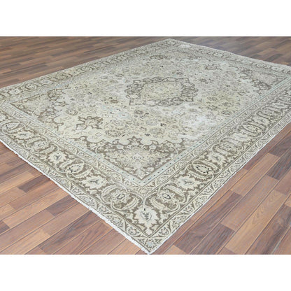 Overdyed & Vintage Worn Wool Hand Knotted Rug Ivory Brown 7.7X10.1 -O061503