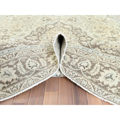 Overdyed & Vintage Worn Wool Hand Knotted Rug Ivory Brown 7.7X10.1 -O061503