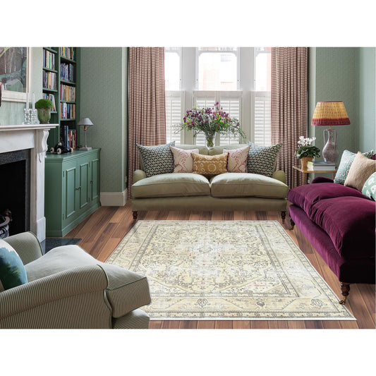 Overdyed & Vintage Worn Wool Hand Knotted Rug Ivory Ivory 6.3X9.0 -O061582