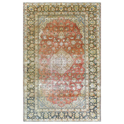Overdyed & Vintage Worn Wool Hand Knotted Rug Brown Green 6.10X10.6 -O061630
