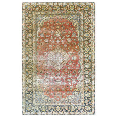 Overdyed & Vintage Worn Wool Hand Knotted Rug Brown Green 6.10X10.6 -O061630
