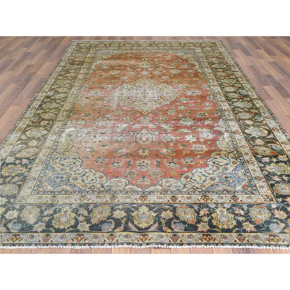 Overdyed & Vintage Worn Wool Hand Knotted Rug Brown Green 6.10X10.6 -O061630