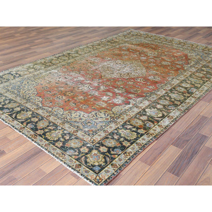 Overdyed & Vintage Worn Wool Hand Knotted Rug Brown Green 6.10X10.6 -O061630