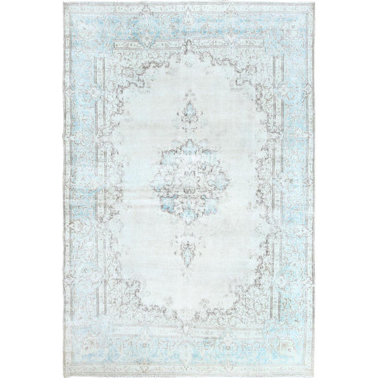Overdyed & Vintage Worn Wool Hand Knotted Rug Ivory Blue 9.1X13.4 -O061712