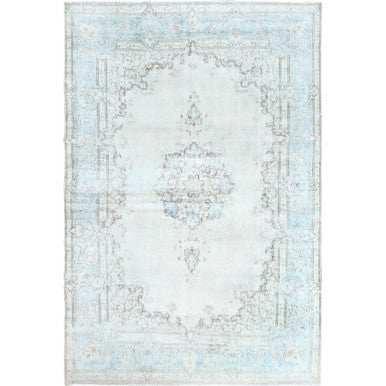 Overdyed & Vintage Worn Wool Hand Knotted Rug Ivory Blue 9.1X13.4 -O061712