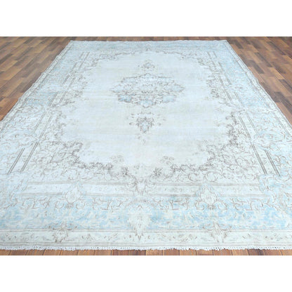 Overdyed & Vintage Worn Wool Hand Knotted Rug Ivory Blue 9.1X13.4 -O061712