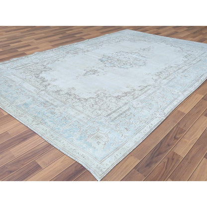 Overdyed & Vintage Worn Wool Hand Knotted Rug Ivory Blue 9.1X13.4 -O061712