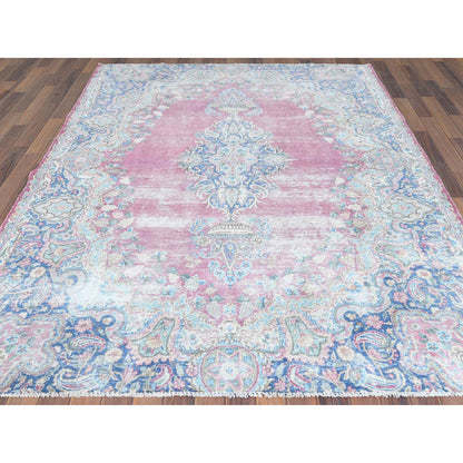 Overdyed & Vintage Worn Wool Hand Knotted Rug Pink Blue 6.7X8.7 -O061744