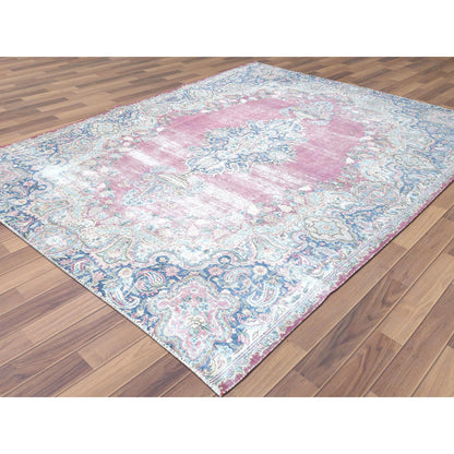 Overdyed & Vintage Worn Wool Hand Knotted Rug Pink Blue 6.7X8.7 -O061744