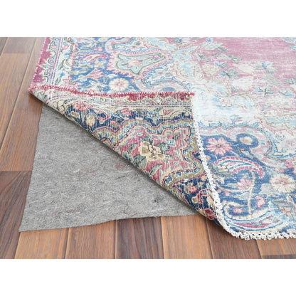 Overdyed & Vintage Worn Wool Hand Knotted Rug Pink Blue 6.7X8.7 -O061744