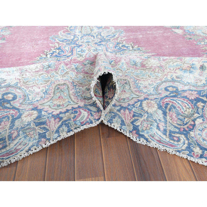 Overdyed & Vintage Worn Wool Hand Knotted Rug Pink Blue 6.7X8.7 -O061744