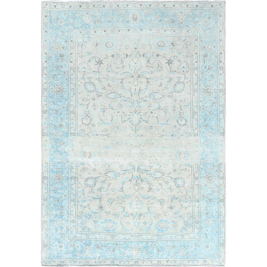 Overdyed & Vintage Worn Wool Hand Knotted Rug Ivory Blue 6.6X9.7 -O061799