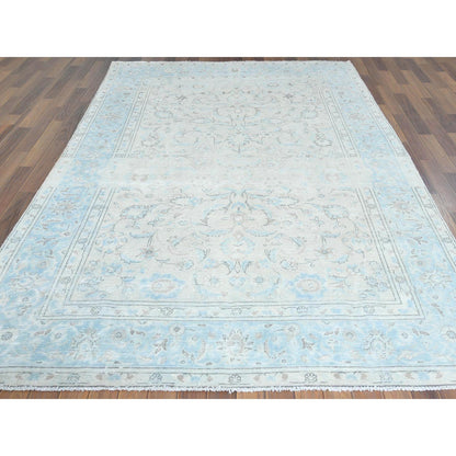Overdyed & Vintage Worn Wool Hand Knotted Rug Ivory Blue 6.6X9.7 -O061799