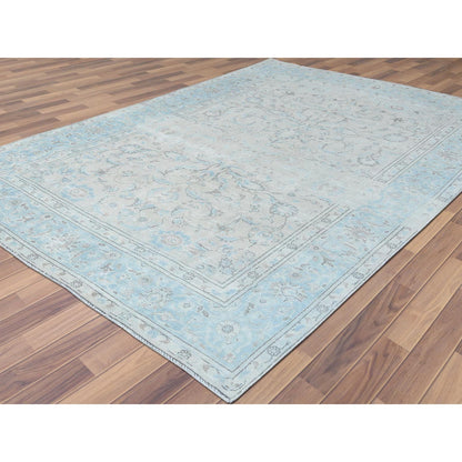 Overdyed & Vintage Worn Wool Hand Knotted Rug Ivory Blue 6.6X9.7 -O061799