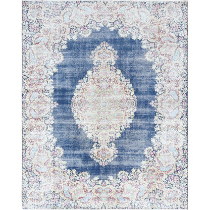 Overdyed & Vintage Worn Wool Hand Knotted Rug Blue Ivory 8.6X11.2 -O061801