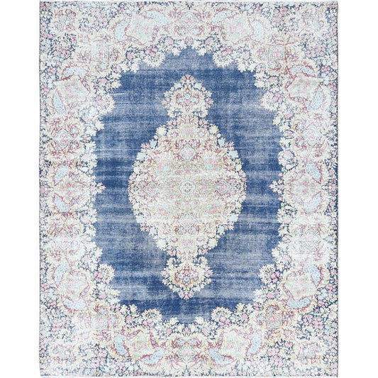Overdyed & Vintage Worn Wool Hand Knotted Rug Blue Ivory 8.6X11.2 -O061801