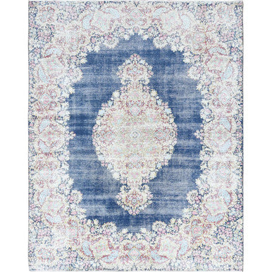 Overdyed & Vintage Worn Wool Hand Knotted Rug Blue Ivory 8.6X11.2 -O061801
