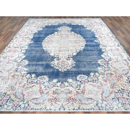 Overdyed & Vintage Worn Wool Hand Knotted Rug Blue Ivory 8.6X11.2 -O061801