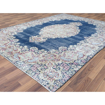 Overdyed & Vintage Worn Wool Hand Knotted Rug Blue Ivory 8.6X11.2 -O061801