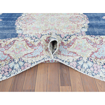 Overdyed & Vintage Worn Wool Hand Knotted Rug Blue Ivory 8.6X11.2 -O061801