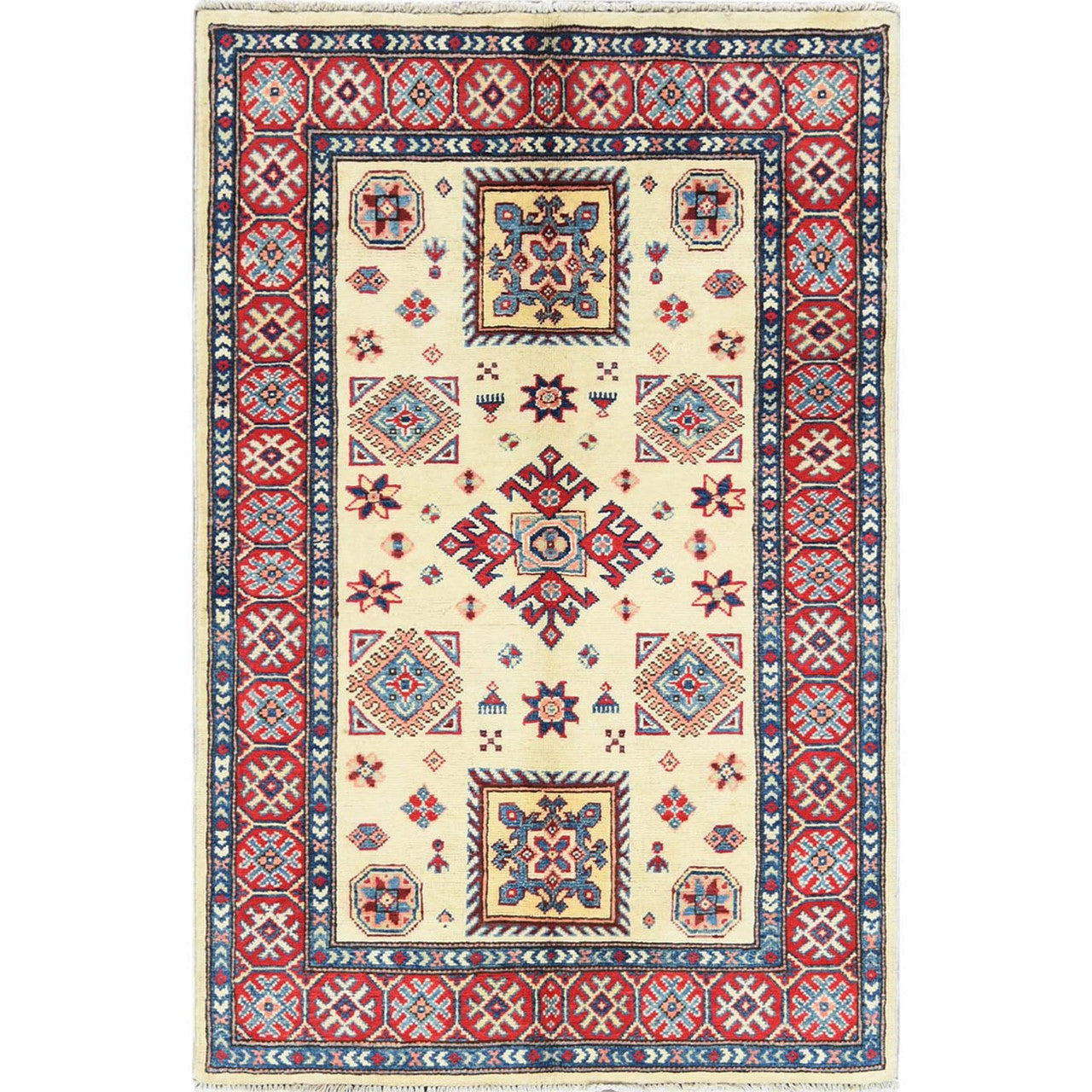 Kazak Wool Hand Knotted Rug Ivory Red 3.0X4.7 -O061809