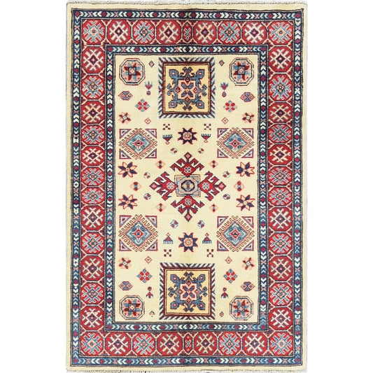 Kazak Wool Hand Knotted Rug Ivory Red 3.0X4.7 -O061809