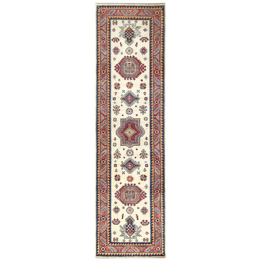 Kazak Wool Hand Knotted Rug Ivory Red 2.7X9.8 -O061826