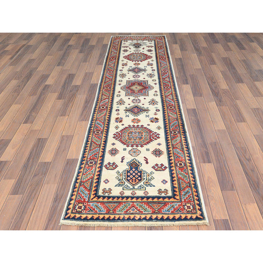 Kazak Wool Hand Knotted Rug Ivory Red 2.7X9.8 -O061826