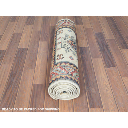 Kazak Wool Hand Knotted Rug Ivory Red 2.7X9.8 -O061826