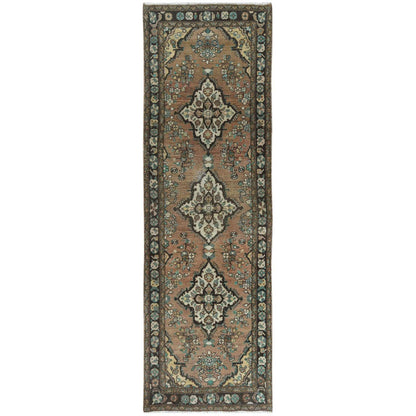 Overdyed & Vintage Worn Wool Hand Knotted Rug Brown Black 3.3X10.4 -O061859