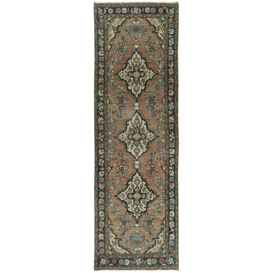Overdyed & Vintage Worn Wool Hand Knotted Rug Brown Black 3.3X10.4 -O061859