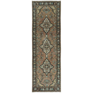 Overdyed & Vintage Worn Wool Hand Knotted Rug Brown Black 3.3X10.4 -O061859