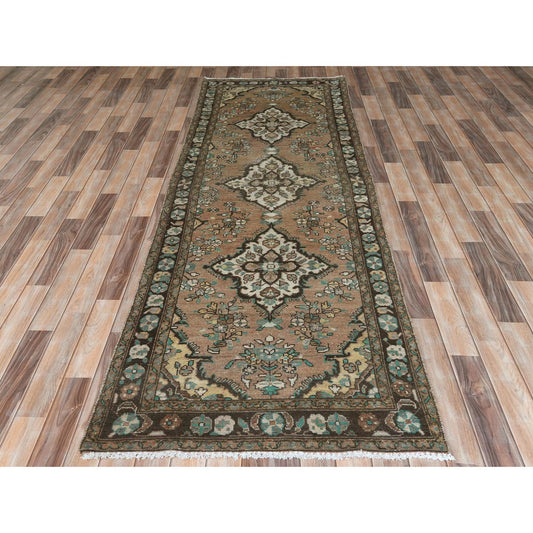 Overdyed & Vintage Worn Wool Hand Knotted Rug Brown Black 3.3X10.4 -O061859