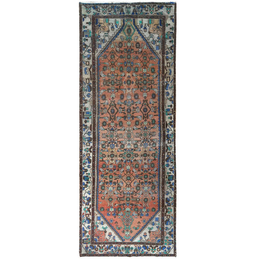 Overdyed & Vintage Worn Wool Hand Knotted Rug Brown Ivory 3.9X9.9 -O061860